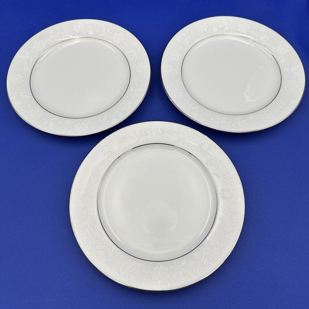 Noritake Ranier 6909 Salad Dessert Plates 8 1/4" White Floral Silver Rim Set (3)